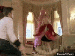 Person in costume jumping on chair