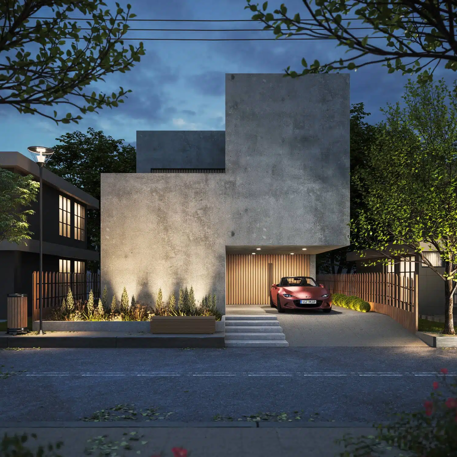 Modern house with car and landscaping