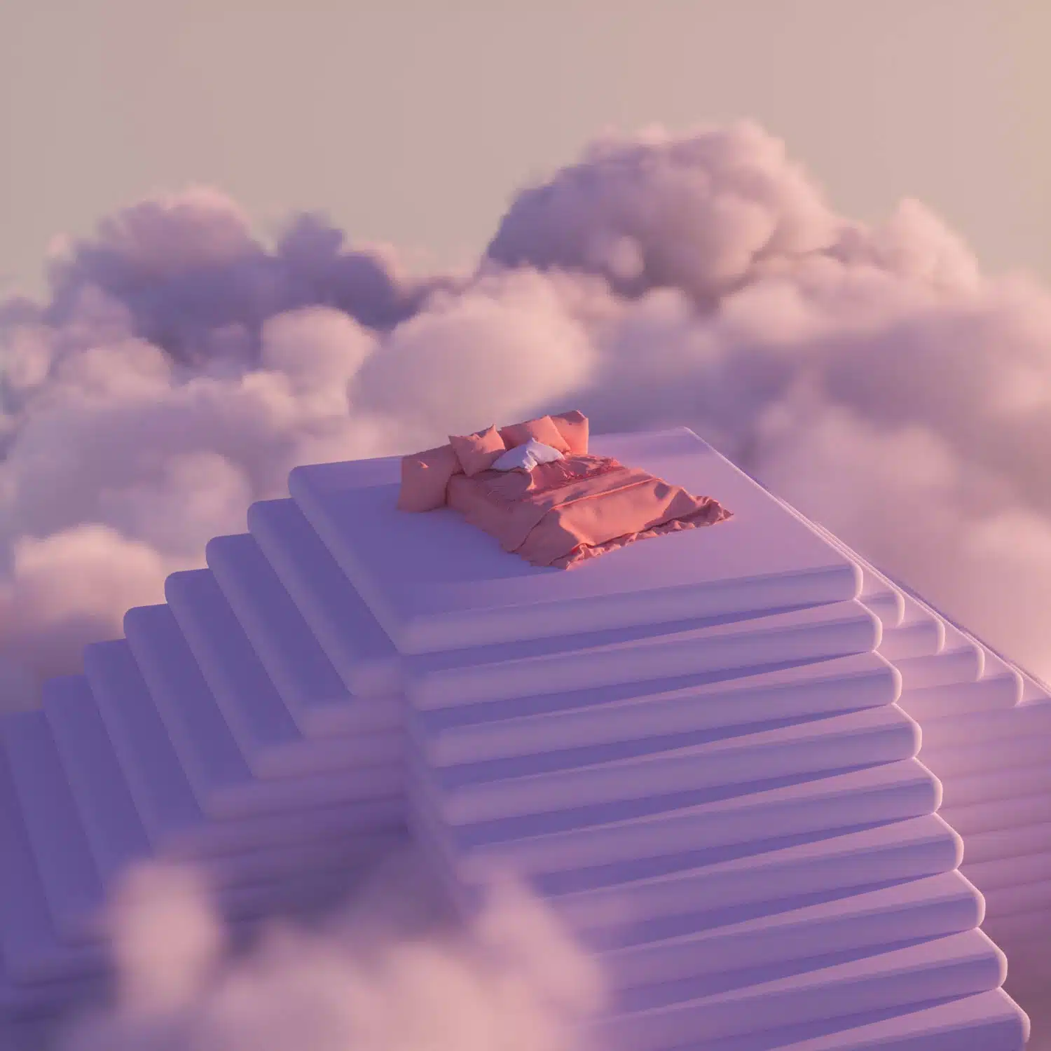 Bed on layered clouds at sunset