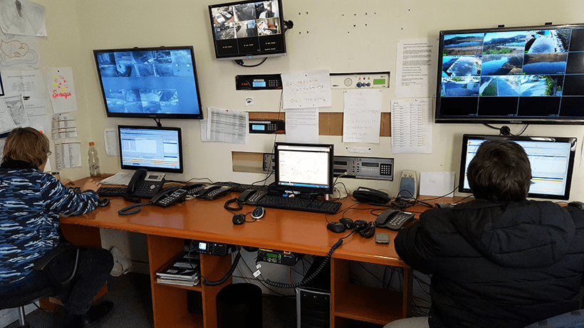 Control room with multiple monitors