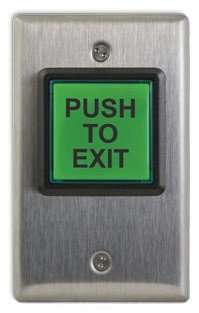 Green exit button on metal panel