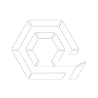 Geometric white logo on black background