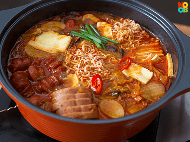 Spicy noodle soup with ingredients