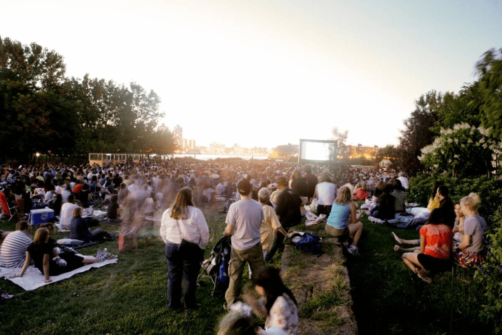 Outdoor movie screening with large crowd