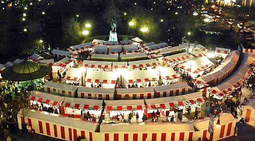 Aerial view of a market setup.