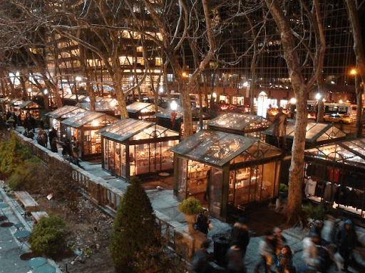 Night market with illuminated stalls