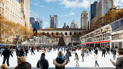 Crowded ice skating rink in city