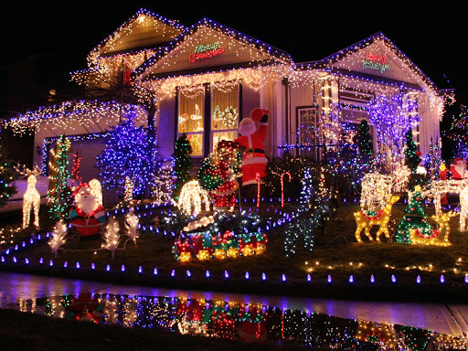 Colorful Christmas lights and decorations