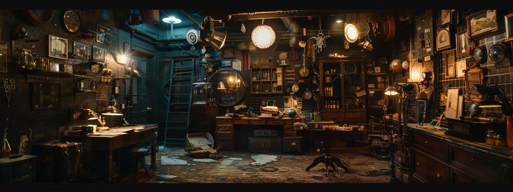 a thrilling escape room scene in new york city, featuring a dimly lit, labyrinthine space filled with mysterious puzzles and intricate props that evoke an atmosphere of suspense and excitement.