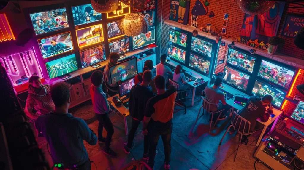 a vibrant virtual game night setting unfolds, filled with animated participants gathered around screens, enthusiastically collaborating and solving intricate puzzles, bathed in the warm glow of colorful lights that enhance the spirit of camaraderie and excitement.