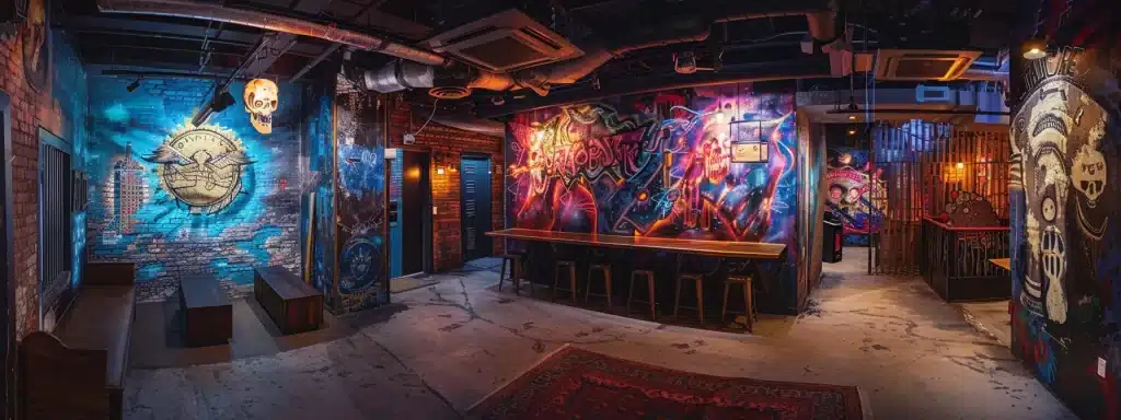a captivating escape room filled with vibrant, atmospheric murals depicting local legends of brooklyn, bathed in dramatic, moody lighting that invites players to embark on a thrilling adventure steeped in the city's rich history.