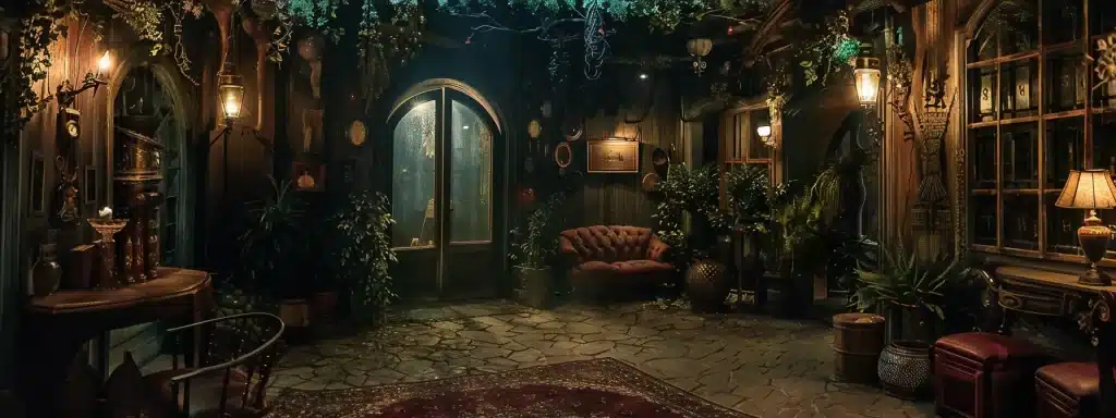 a captivating escape room scene displays an intricate combination of mystery and adventure, featuring dimly lit atmospheric elements, mysterious clues, and immersive decorations that evoke a thrilling sense of exploration.