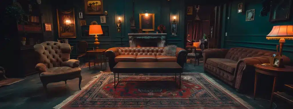 a captivating escape room scene enveloped in rich, moody colors, featuring strategically placed vintage furniture and immersive decor illuminated by soft, atmospheric lighting, creating an enticing and mysterious ambiance.