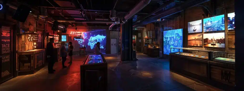 a dynamic escape room scene in brooklyn, illuminated by dramatic lighting, showcases participants engaged in high-tech puzzles and immersive challenges, surrounded by vibrant digital displays and interactive elements that create a sense of thrilling adventure.