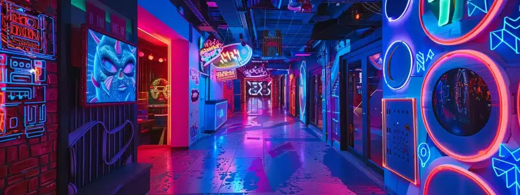 a futuristic escape room, bathed in vibrant neon lights and featuring immersive, high-tech puzzles and thematic narratives, invites participants to engage with innovative technology in a captivating urban setting.