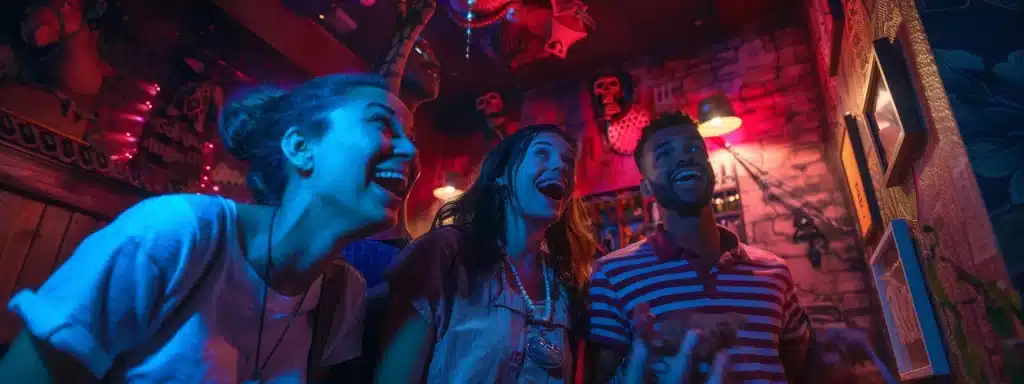 a group of diverse friends excitedly solving puzzles in a dimly lit, intricately themed escape room, adorned with mysterious artifacts and immersive decor that sparks a sense of adventure and camaraderie.