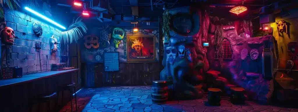 a vibrant and immersive escape room interior, richly themed with mysterious artifacts, dim lighting that creates an adventurous atmosphere, and walls adorned with intriguing puzzles, inviting participants to delve into a captivating adventure.