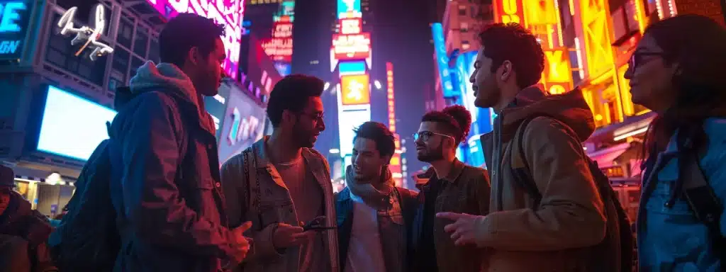 a vibrant, bustling manhattan street scene showcasing a diverse group of friends eagerly discussing their escape room plans under the glow of neon lights, with skyscrapers towering in the background.