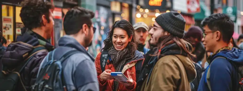 a vibrant, bustling manhattan street scene captures a diverse group of excited individuals eagerly discussing their upcoming escape room adventure, surrounded by iconic city architecture and bright city lights.