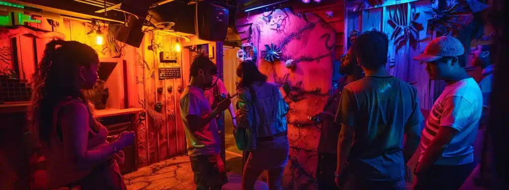 a vibrant escape room filled with intricate puzzles and immersive themes, inviting diverse groups of excited participants to embark on an adventurous quest.