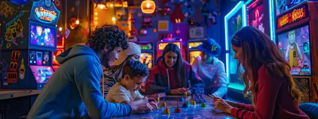 a vibrant family-friendly escape room scene filled with diverse characters of all ages actively engaging in interactive puzzles, surrounded by colorful themed decorations that spark excitement and teamwork.