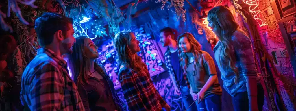 a vibrant, immersive escape room filled with intricate thematic decorations and engaging puzzles, illustrating a lively group of friends joyfully solving challenges together, surrounded by a mysterious atmosphere and dynamic lighting.
