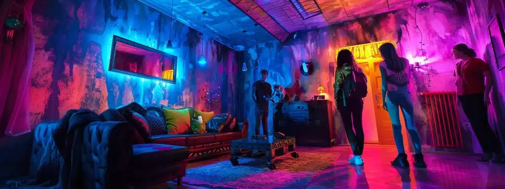 a vibrant, immersive escape room filled with dynamic puzzles and captivating themes, where diverse groups of people enthusiastically collaborate, showcasing teamwork and communication in a thrilling adventure.