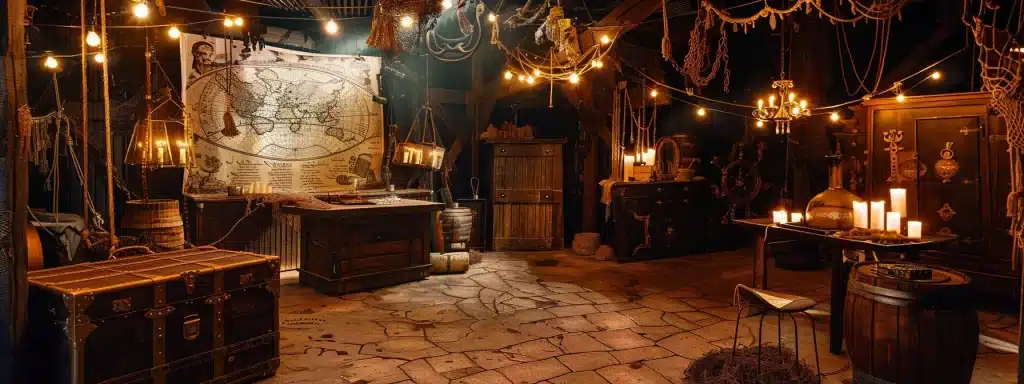 an immersive escape room scene vividly depicts a pirate adventure theme, with richly detailed decor including treasure chests, ancient maps, and dim, atmospheric lighting that invites exploration.