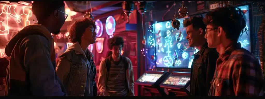 a dynamic escape room scene captures a game master enthusiastically guiding a diverse group of participants, surrounded by intricate puzzles and immersive props in a dimly lit, themed environment.