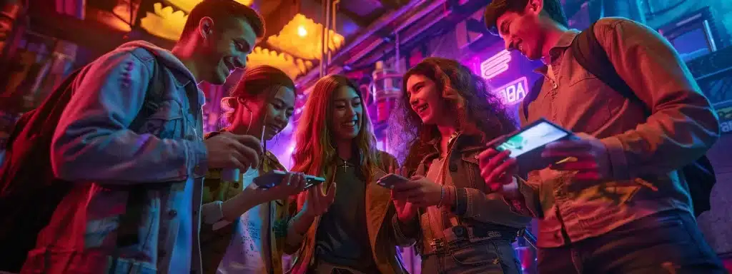 a dynamic group of friends animatedly discussing strategies in a stylishly designed escape room, surrounded by intricate puzzles and thematic props under vibrant overhead lighting, creating an atmosphere of excitement and teamwork.