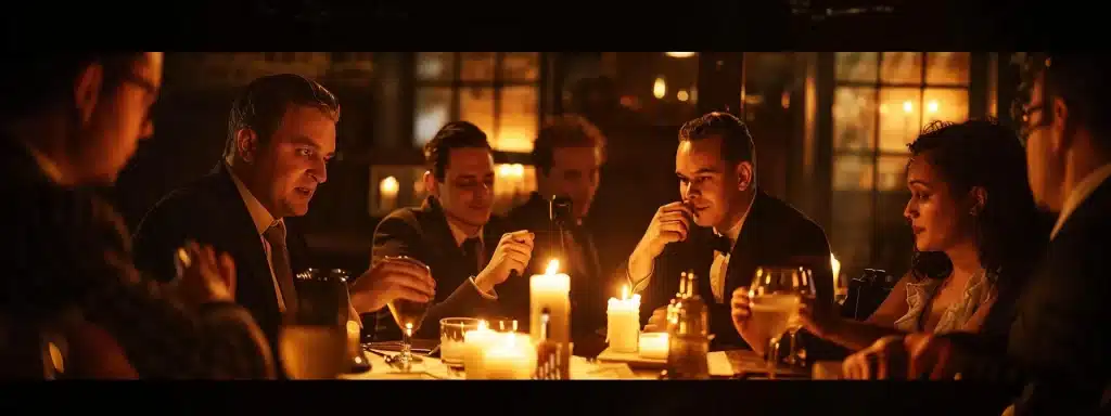 a dynamic team of professionals collaborates intently in a dimly lit manhattan escape room, their faces illuminated by flickering candlelight as they strategize and solve intricate puzzles inspired by a vintage speakeasy theme.