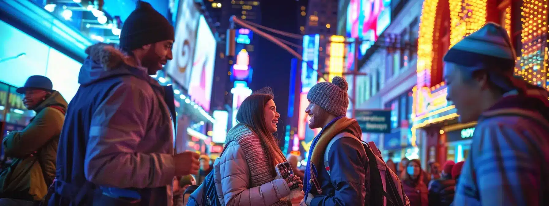 a vibrant, bustling manhattan street scene at dusk showcases a group of excited friends eagerly discussing their recent escape room adventure against a backdrop of illuminated skyscrapers and colorful storefronts.