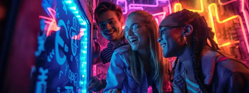 a vibrant, modern escape room filled with intriguing puzzles and immersive themes, showcasing a diverse group of friends laughing and collaborating enthusiastically around a locked door, illuminated by dynamic, colorful lighting that enhances the thrill of the challenge.