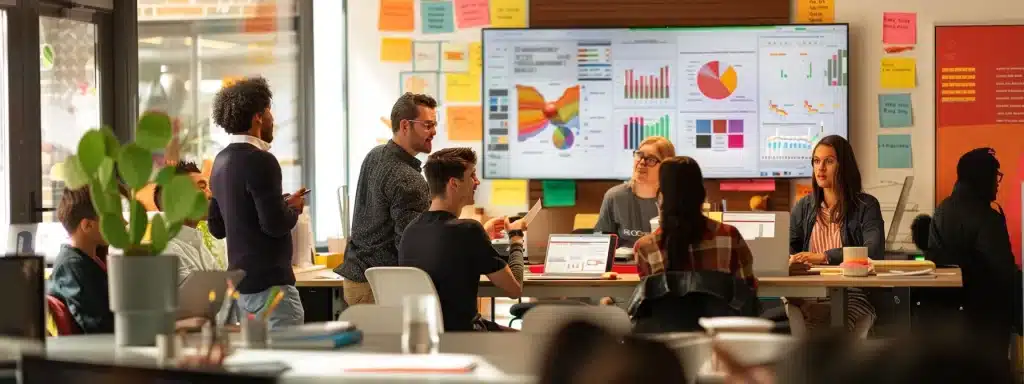 a vibrant office setting captures a diverse team engaged in a post-escape room debriefing, surrounded by brainstorming materials and feedback charts, reflecting their collaborative spirit and commitment to continuous improvement.