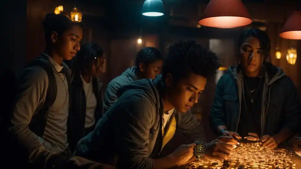 a dynamic team engaged in an intense escape room challenge, surrounded by intricate puzzles and mysterious props, illuminated by dramatic lighting that emphasizes the thrill of collaboration and problem-solving.