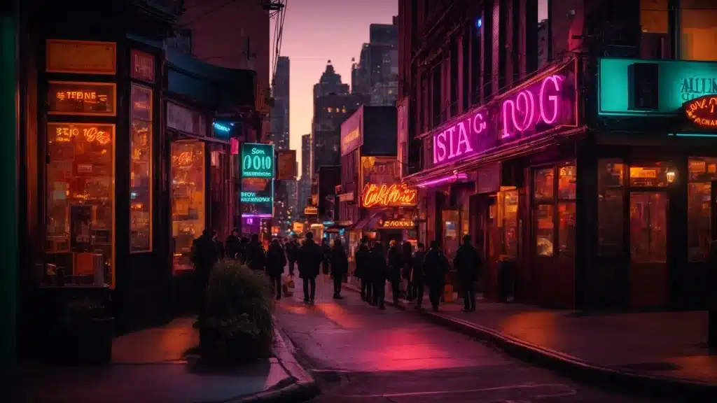 a vibrant, bustling manhattan street lined with popular escape room venues, each showcasing unique and imaginative themes, illuminated by bright neon signs against a twilight sky.