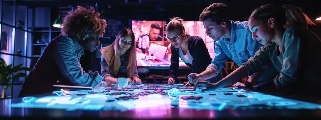 a dynamic office environment with a diverse team collaborating intensely around a large table filled with engaging puzzle pieces while a digital screen displays strategic game elements, highlighting the thrill of teamwork in an immersive escape room setting.