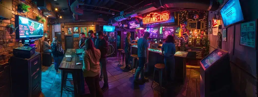 a vibrant, bustling escape room in nyc features an engaging group of players enthusiastically solving puzzles within a cleverly designed, themed environment, illuminated by dramatic lighting that enhances the immersive adventure experience.