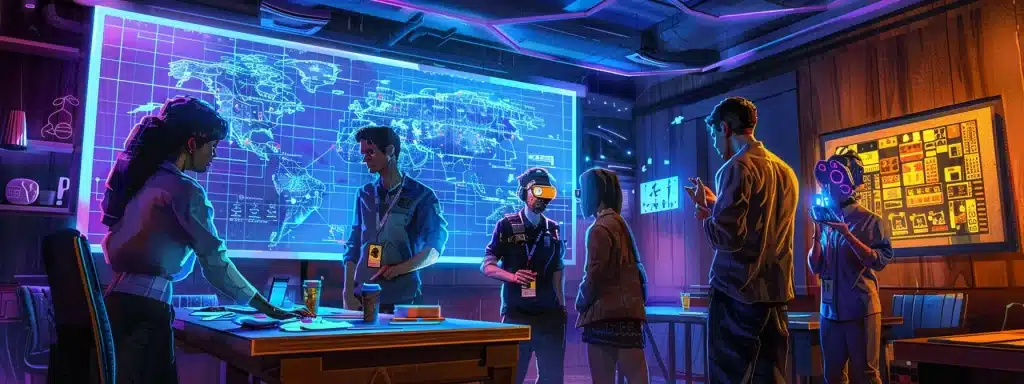 an engaging indoor setting showcasing a diverse group of professionals immersed in a dynamic escape room challenge, surrounded by intricate puzzles and strategic clues, highlighting teamwork, problem-solving, and critical thinking in action.