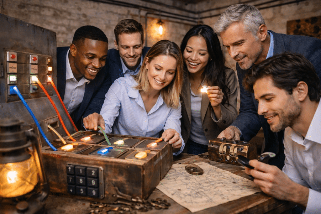 Corporate team building group solving puzzles together in a New York City escape room