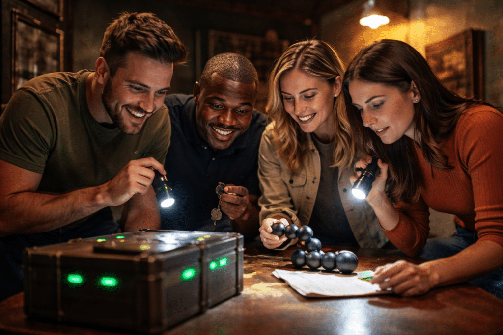 Private group playing an escape room in Manhattan, working together to solve puzzles inside Escape Rooms NYC