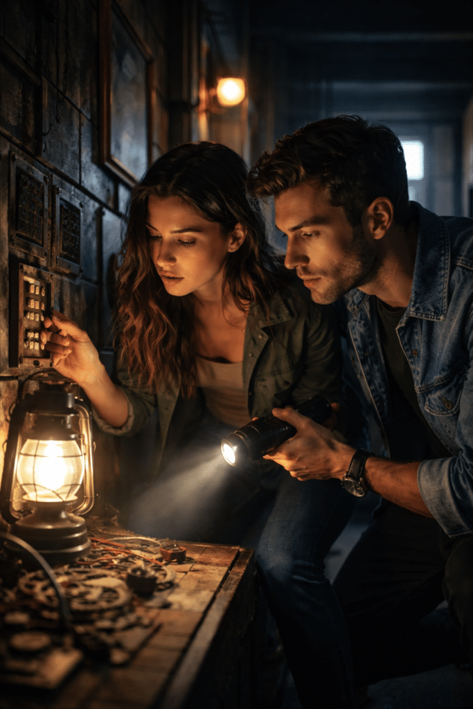 Couple trying an escape room NYC for couple experience and solving puzzles during an immersive NYC escape room experience, working together inside a realistic Manhattan escape game.