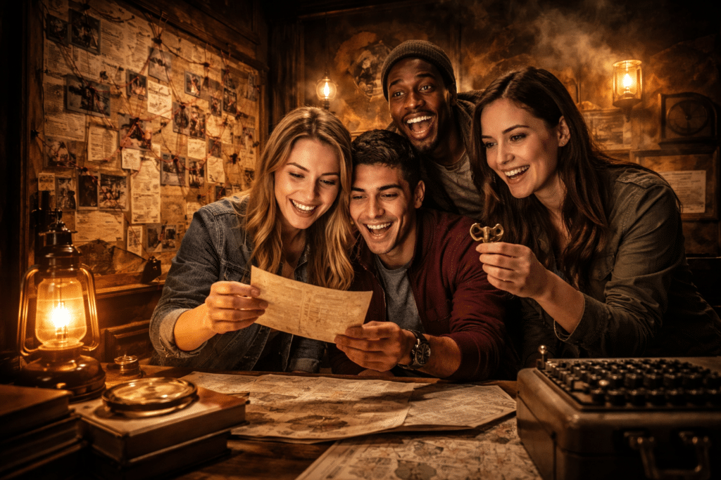 Group of friends solving puzzles together during one of the best escape rooms in NYC has to offer