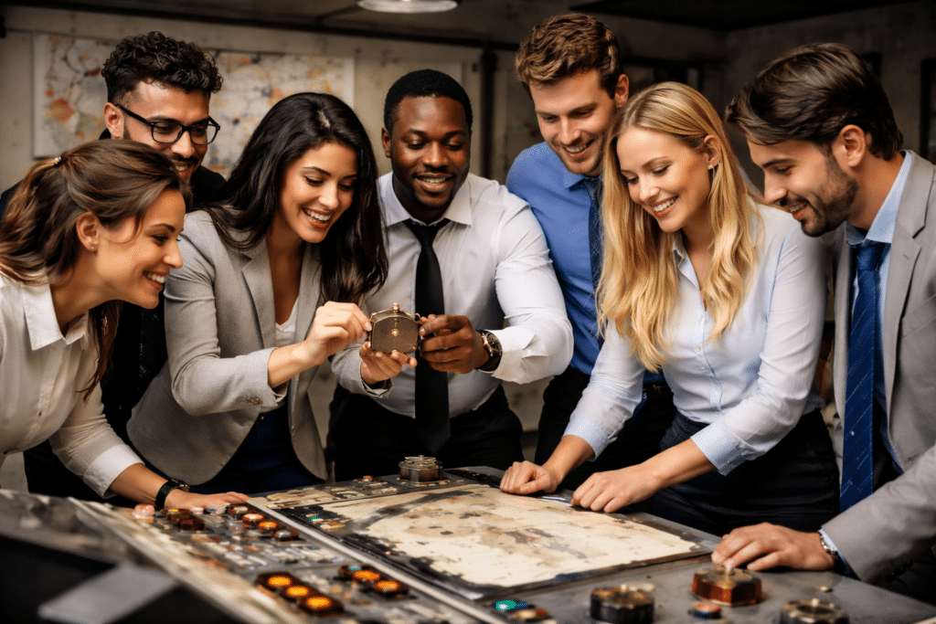 Team building escape room NYC for corporate teams solving puzzles together at Escape Room Madness
