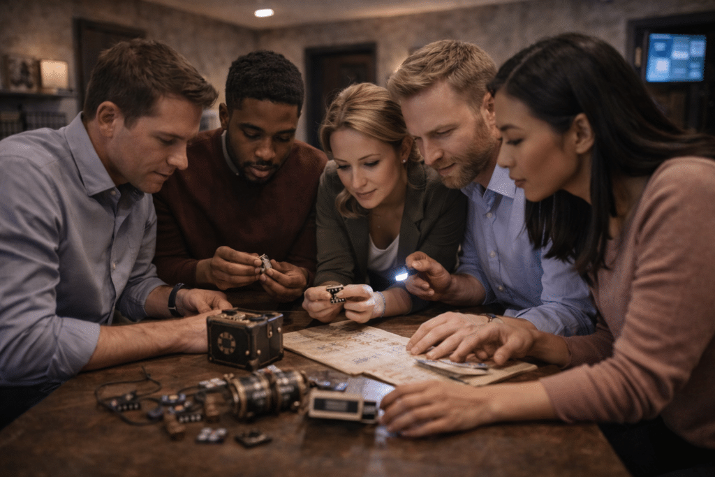 Escape Room NYC team solving puzzles together in a Midtown Manhattan escape room.